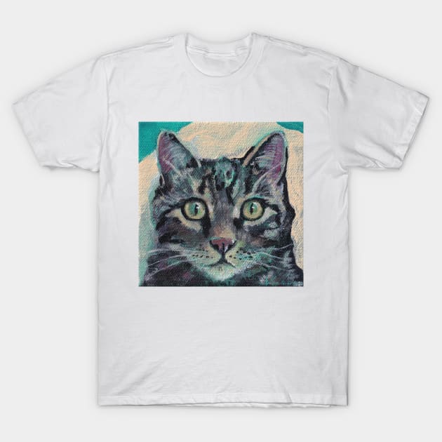 Tiger Cat on Teal T-Shirt by HelenDBVickers